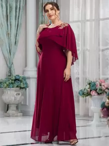 SHEIN Belle Burgundy Red Plus Guipure Lace Appliques Overlay Chiffon Dress - Burgundy - View 4