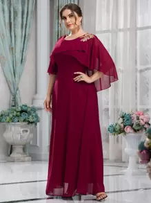SHEIN Belle Burgundy Red Plus Guipure Lace Appliques Overlay Chiffon Dress - Burgundy - View 6