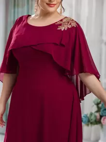 SHEIN Belle Burgundy Red Plus Guipure Lace Appliques Overlay Chiffon Dress - Burgundy - View 7