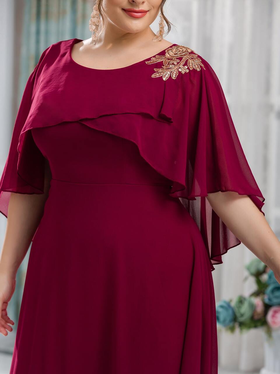Burgundy Red Plus Guipure Lace Appliques Overlay Chiffon Dress