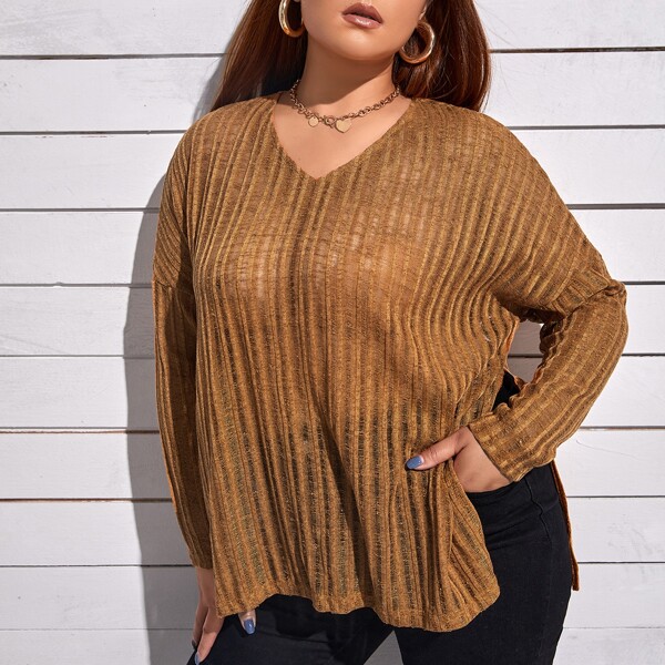 

Plus Drop Shoulder Split Hem Tee, Brown