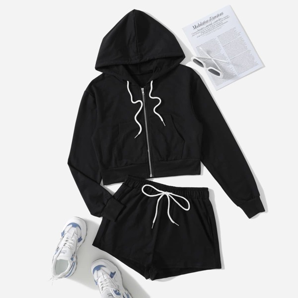 

Solid Zip Up Hooded Sweatshirt & Shorts, Black