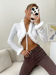 SHEIN ICON Ribbed Knit Fuzzy Trim Knot Front Crop Jacket - White - View 6
