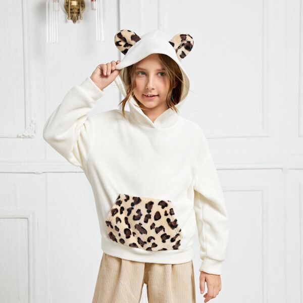 

Girls Leopard Print 3D Ear Patched Fleece Hoodie, White