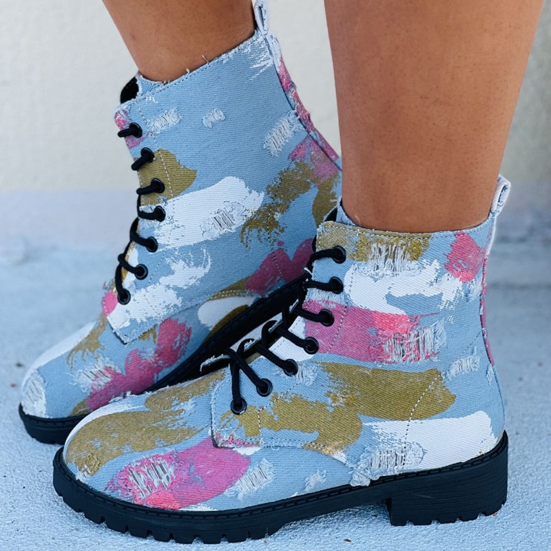 

Colorblock Lace-up Front Boots, Baby blue
