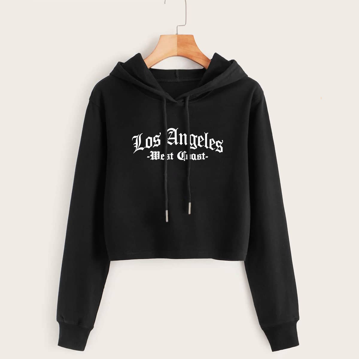 

Letter Print Drawstring Crop Hoodie, Black