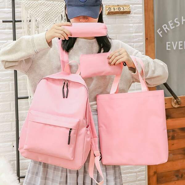 

4pcs Minimalist Large Capacity Backpack Set, Pink