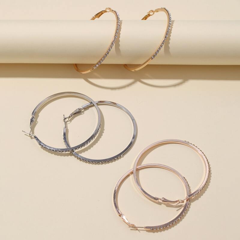 

3pairs Rhinestone Hoop Earrings, Multicolor