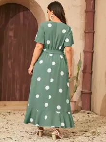 SHEIN Clasi 大碼波點圖案V領圍裹下擺繫腰帶連衣裙 - 綠色 - 查看 2