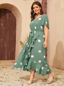 SHEIN Clasi 大碼波點圖案V領圍裹下擺繫腰帶連衣裙 - 綠色 - 查看 4