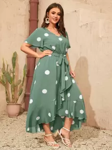 SHEIN Clasi 大碼波點圖案V領圍裹下擺繫腰帶連衣裙 - 綠色 - 查看 5