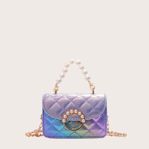 

Pearls Decor Holographic Quilted Flap Square Bag, Multicolor