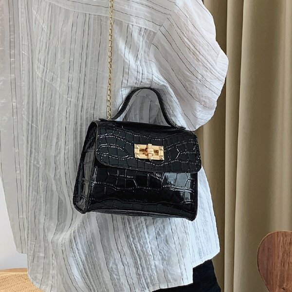 

Croc Embossed Turn-lock Satchel Bag, Black