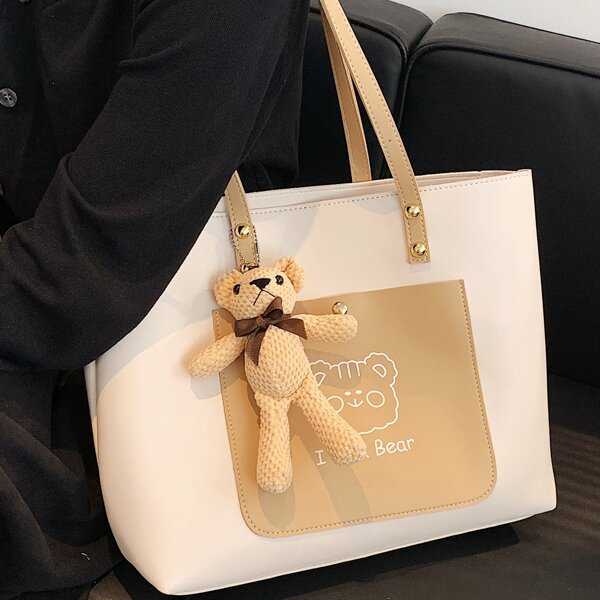 

Two Tone Doll Decor Shoulder Tote Bag, Beige