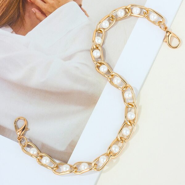 

Chain & Faux Pearls Combination Bag Strap, White