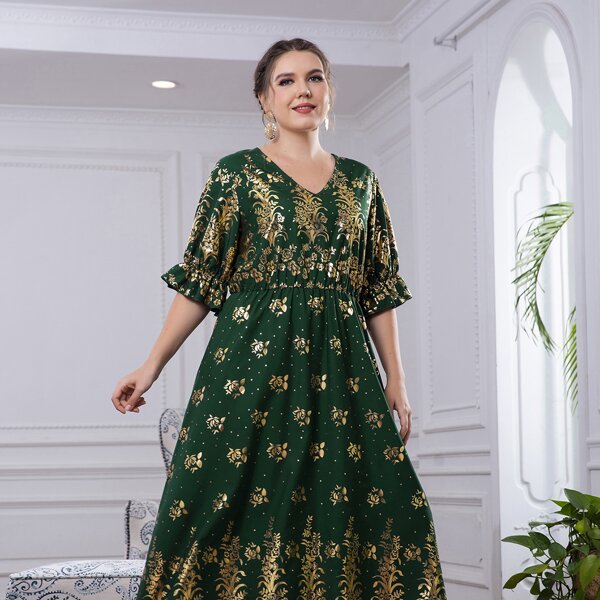 

Plus V Neck Gold Floral Flounce Sleeve Dress, Dark green
