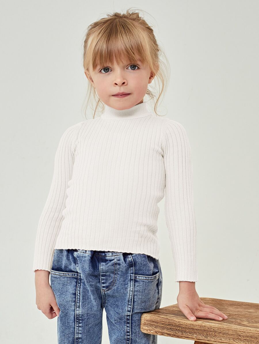 SHEIN 年輕女孩立領毛衣 - 白色 - 查看 1