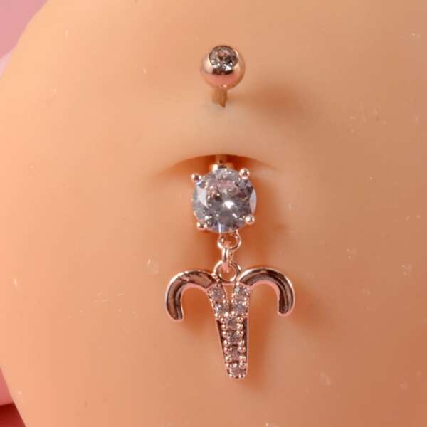 

Zircon Constellation Sign Charm Navel Belly Ring, Rose gold