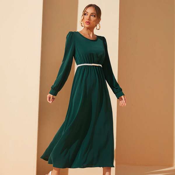 

1Pc Solid A-line Dress, Green