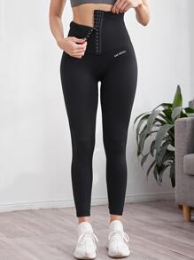 SHEIN Yoga Basic Quần legging tập luyện họa tiết chữ cái Quần chạy bộ cạp cao liền mạch Hook & Eye - màu đen - Xem 3