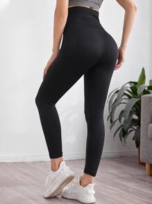 SHEIN Yoga Basic Quần legging tập luyện họa tiết chữ cái Quần chạy bộ cạp cao liền mạch Hook & Eye - màu đen - Xem 2