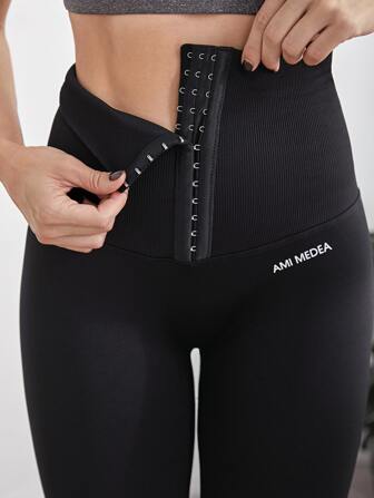 Workout Leggings mit Buchstaben Grafik, nahtlose Haken und Ösen Laufhose mit superhohem Bund