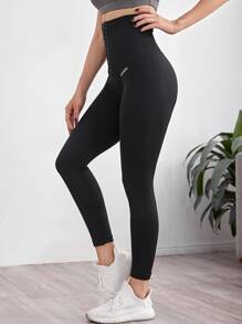 SHEIN Yoga Basic Quần legging tập luyện họa tiết chữ cái Quần chạy bộ cạp cao liền mạch Hook & Eye - màu đen - Xem 5