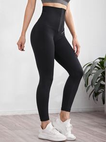 SHEIN Yoga Basic Quần legging tập luyện họa tiết chữ cái Quần chạy bộ cạp cao liền mạch Hook & Eye - màu đen - Xem 6