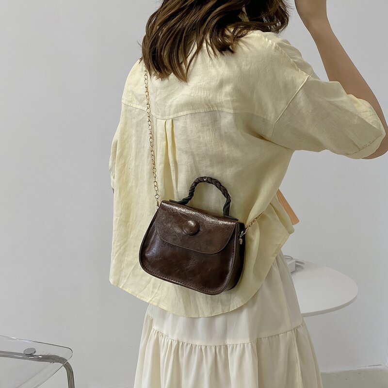 

Top Handle Snap Button Chain Bag, Coffee brown