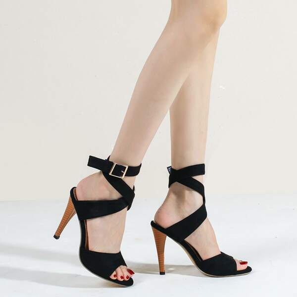 

Minimalist Buckle Decor Cross Strap Heeled Sandals, Black