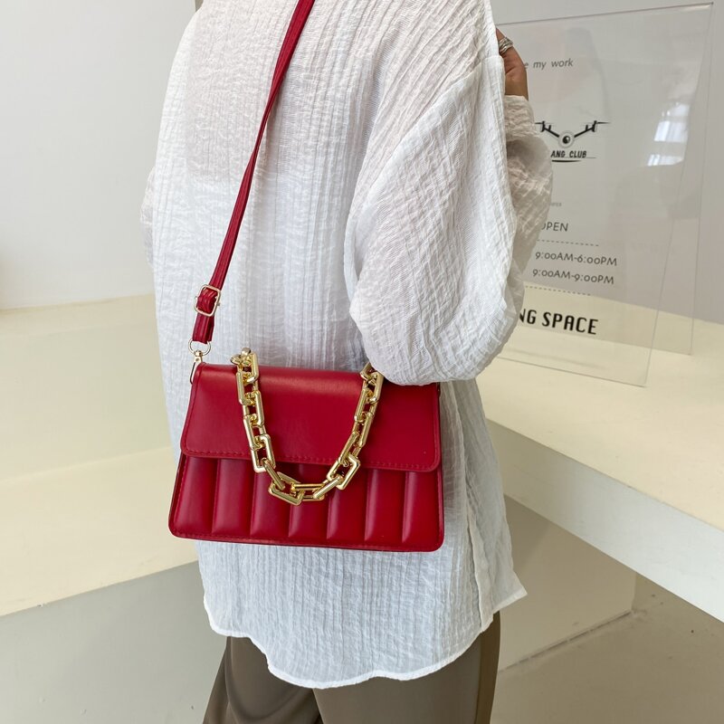 

Quilted Flap Chain Handle Satchel Bag, Red