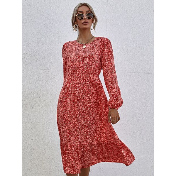 

Lantern Sleeve Ruffle Hem Ditsy Floral Dress, Red