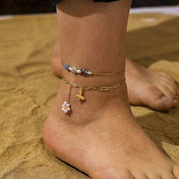 

2pcs Flower & Butterfly Charm Anklet, Gold