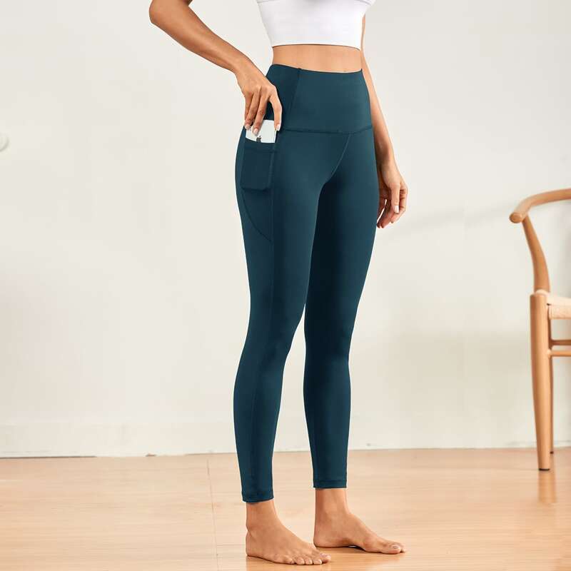 

Solid Wide Waistband Sports Leggings With Phone Pocket, Teal blue