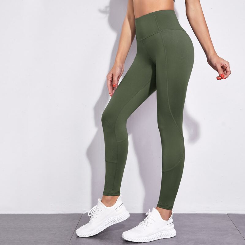 

Solid Wide Band Waist Sports Leggings, Army green