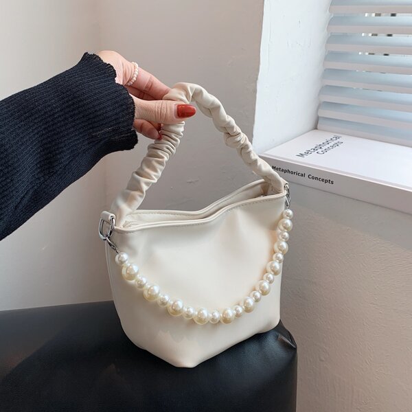 

Minimalist Faux Pearl Decor Satchel Bag, White