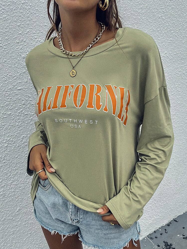 Letter Graphic Drop Shoulder Tee - Army Green - View 6