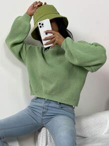 SHEIN Unity Solid Drop Shoulder Knitted Jumper - Green - View 3