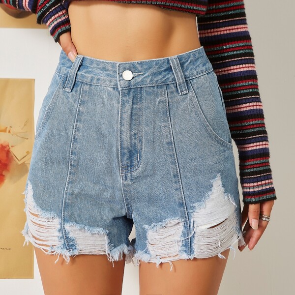 

Button Front Ripped Detail Denim Shorts, Light wash