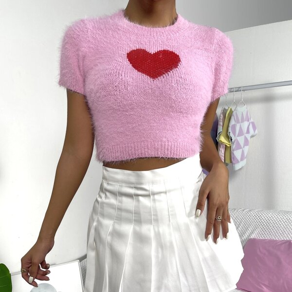 

Heart Pattern Crop Knit Top, Pink