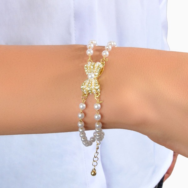

Faux Pearl & Rhinestone Bow Decor Bracelet, Gold