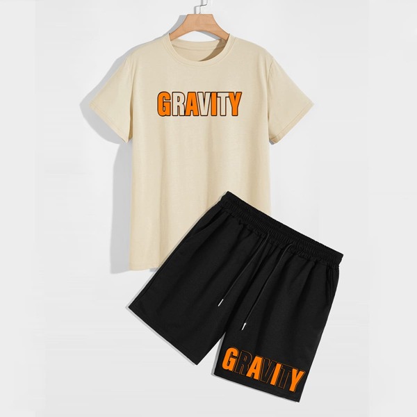 

Men Letter Graphic Tee With Track Shorts, Multicolor