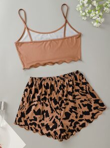 Letter Graphic Scallop Trim Cami Pyjama Set - Multicolor - View 2