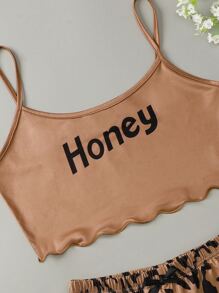 Letter Graphic Scallop Trim Cami Pyjama Set - Multicolor - View 5