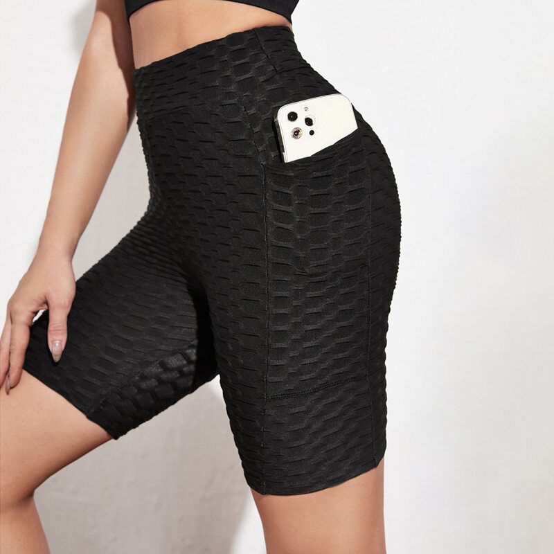 

Honeycomb Textured Phone Pocket Sports Shorts, Black