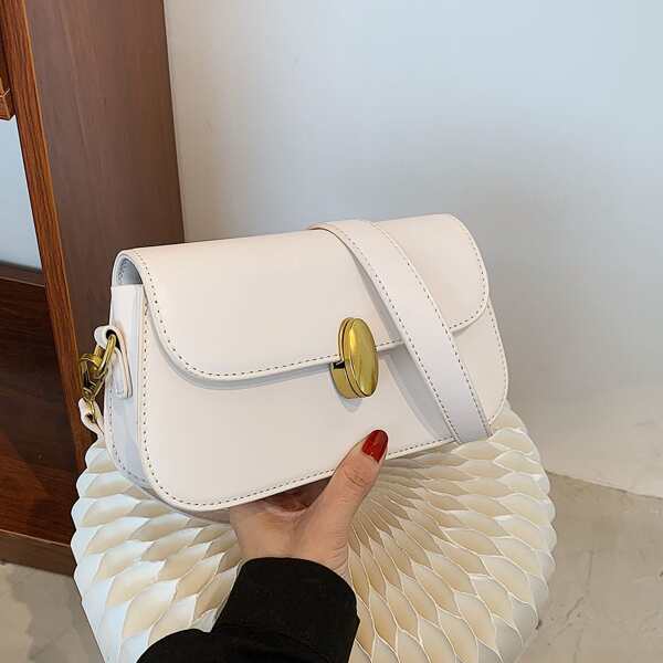 

Minimalist Metal Decor Flap Square Bag, White