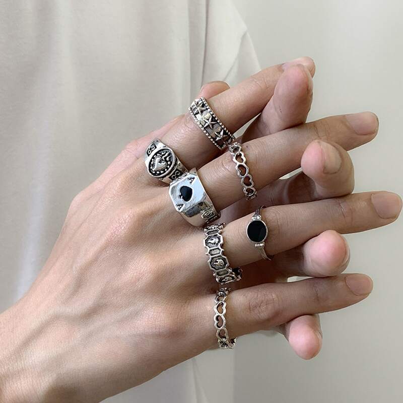 

Guys 7pcs Star & Heart Design Ring, Silver