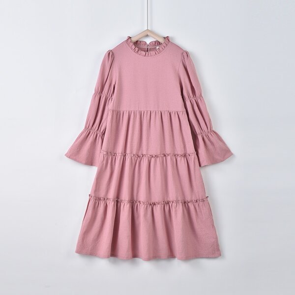 

Girls Ruffle Neck Gathered Sleeve Smock Dress, Dusty pink