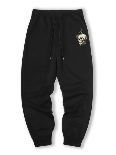 Manfinity Men Skull & Floral Print Drawstring Waist Sweatpants, For Halloween