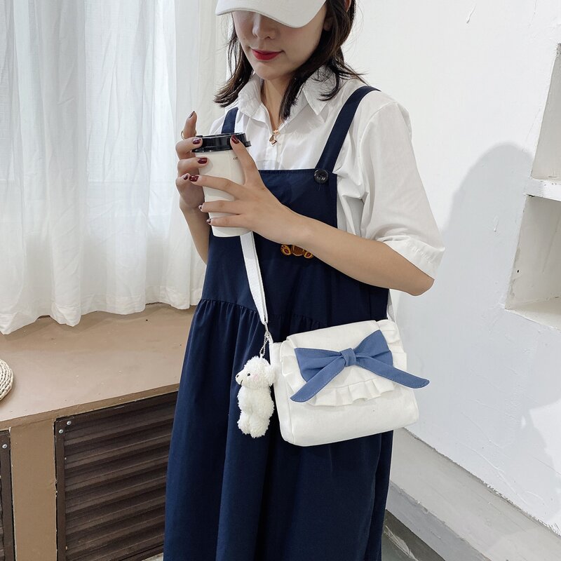 

Bow Decor Flap Crossbody Bag, Blue and white